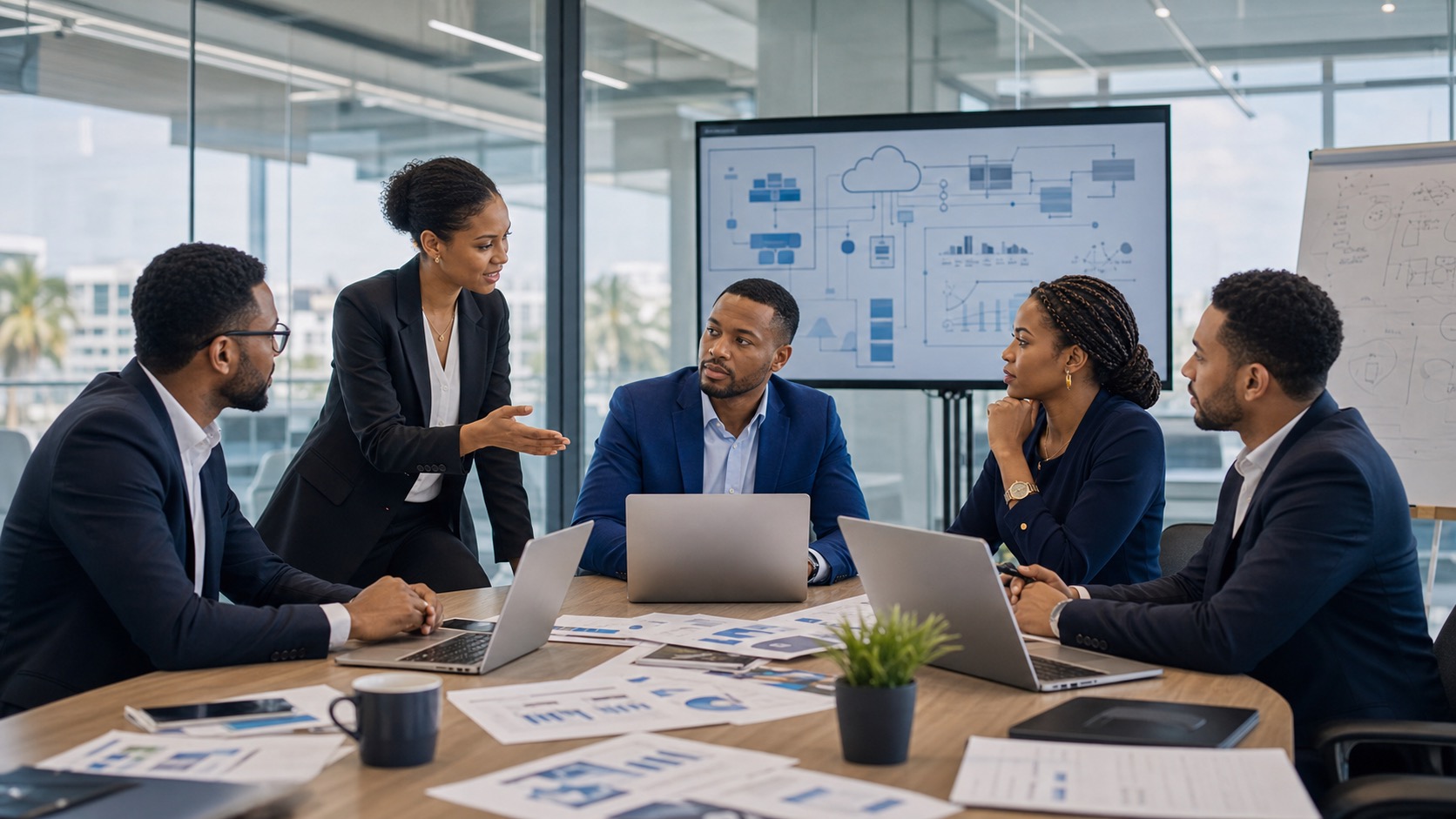 Black and brown technology consultants planning modernization in a professional office